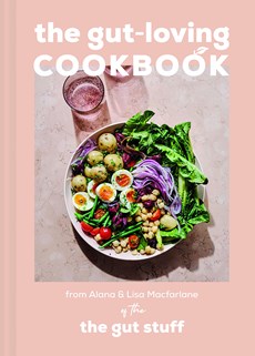 Pink book cover for the gut loving cookbook featuring a plate of healthy food.