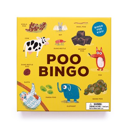 Poo Bingo game for kids in a yellow box illustrated with animals and their poo