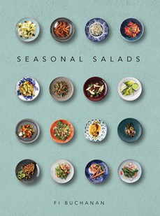 Cover of seasonal salads featuring lots of plates of salad on a duck egg blue background.