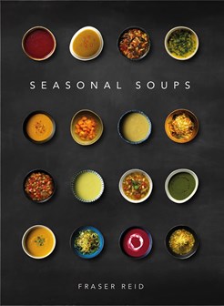 Seasonal Soups book cover featuring rows of bowls of soup on a dark background